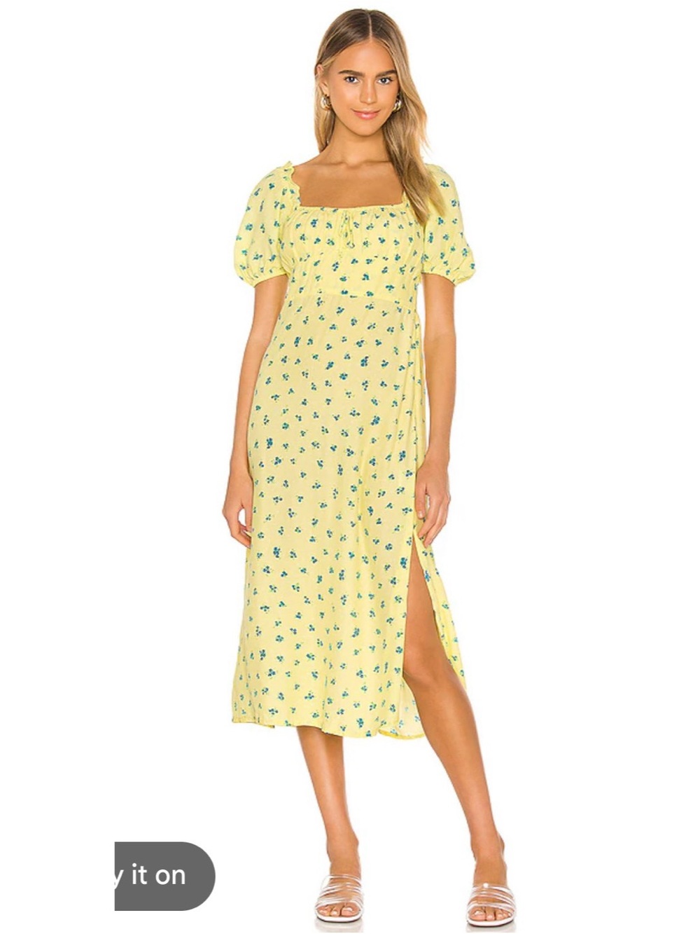 Yellow Floral Puff-Sleeve Midi Dress